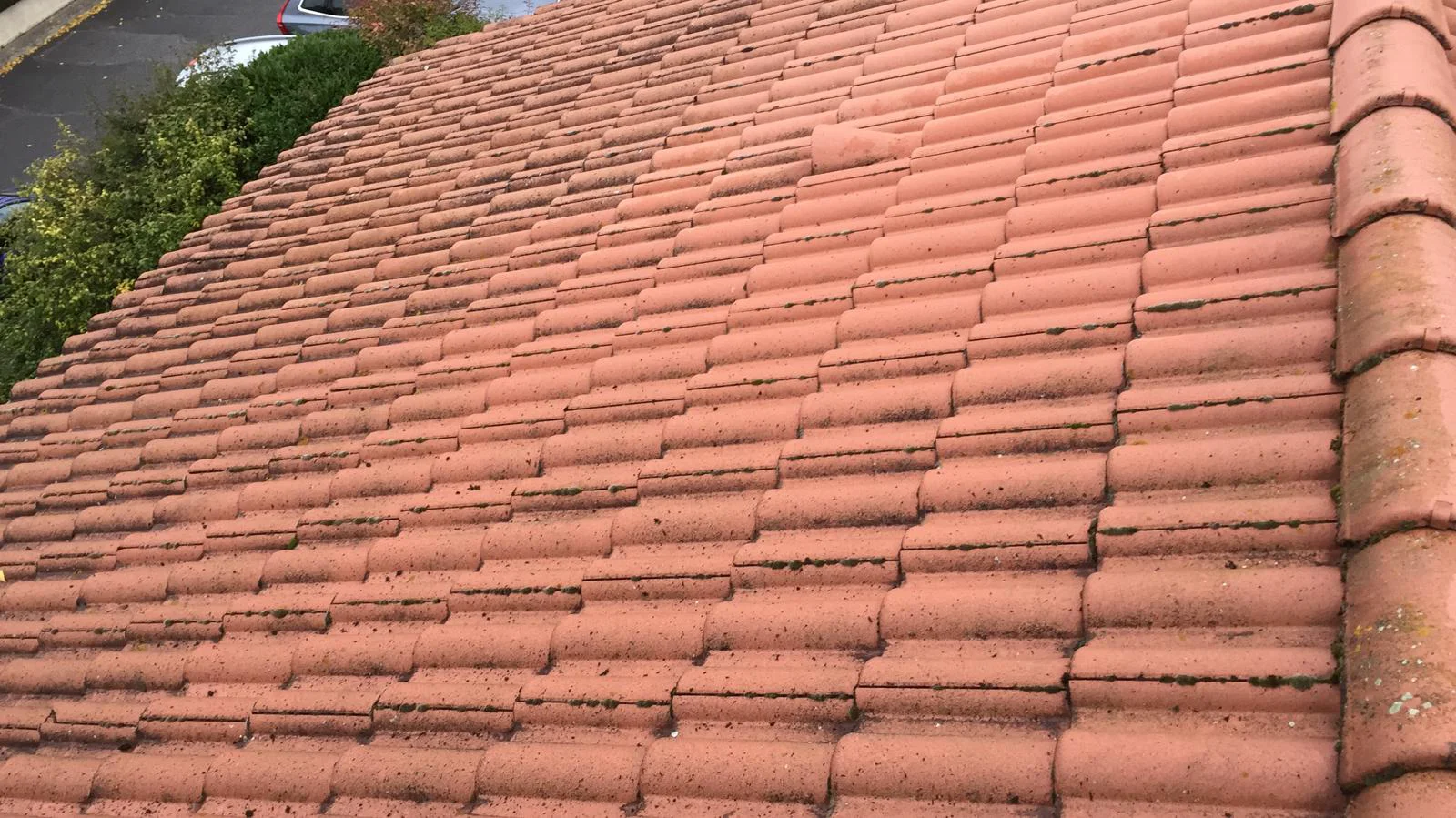 Vue rapprochée d’une toiture inclinée en tuiles courbes de terre cuite, avec un faîtage arrondi.