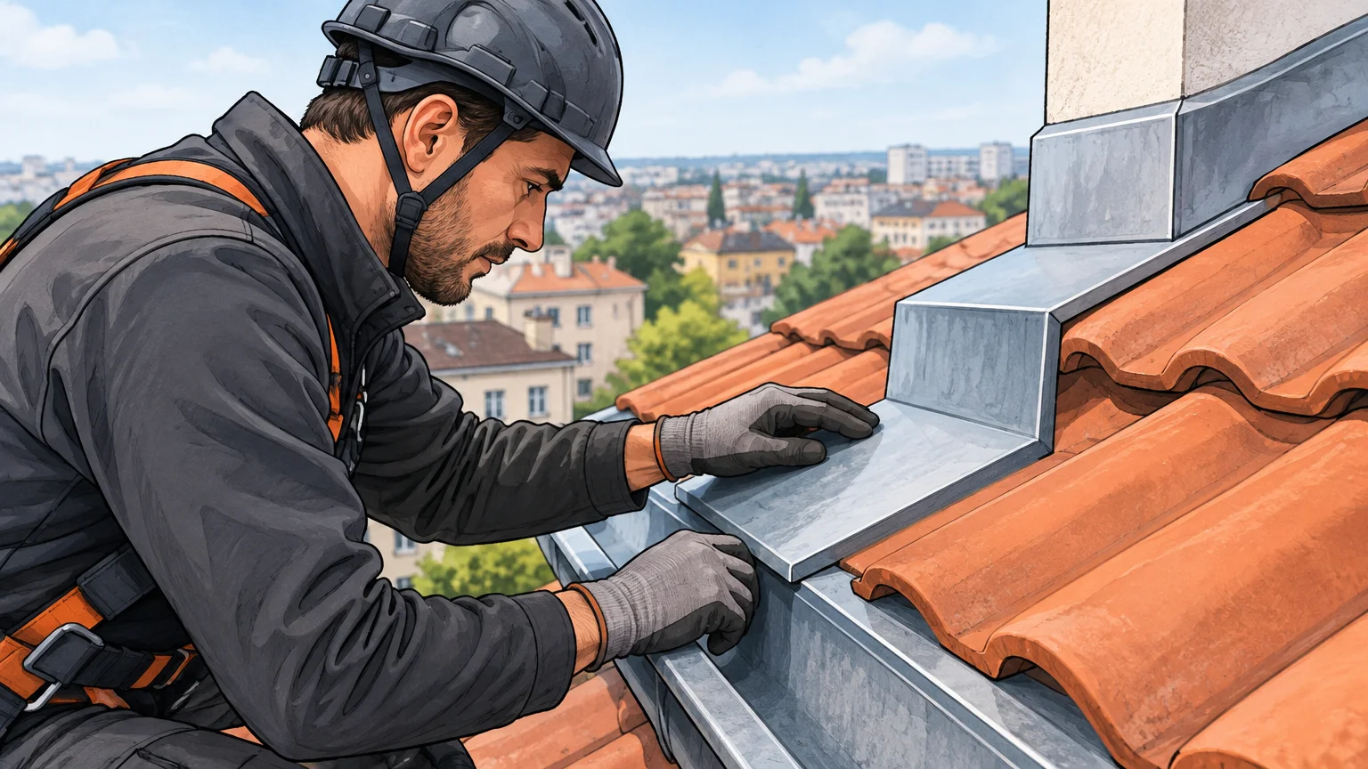 Un couvreur examine un raccord de zinguerie sur une toiture lyonnaise