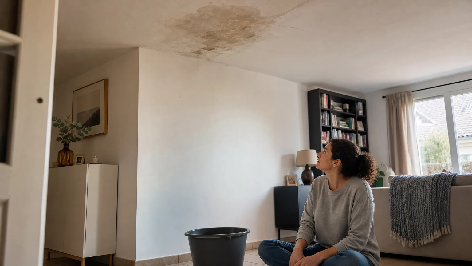 Trace d’humidité au plafond avec un récipient placé dessous dans une pièce