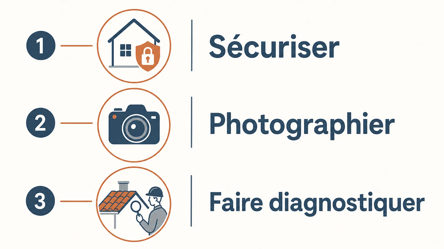 Infographie en trois étapes : sécuriser, photographier et faire diagnostiquer la toiture