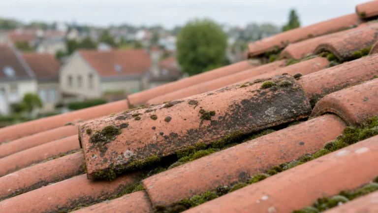 Détail d’une toiture en tuiles présentant des traces de mousse