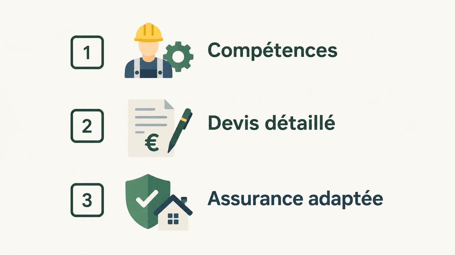 Infographie en trois points pour vérifier les compétences, le devis détaillé et l’assurance adaptée.